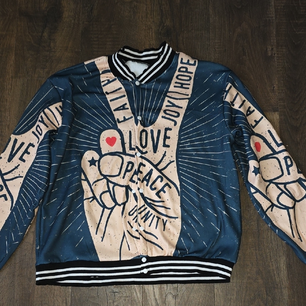 Graphic Bomber Jacket - Teal and Tan - Picture 3 of 3